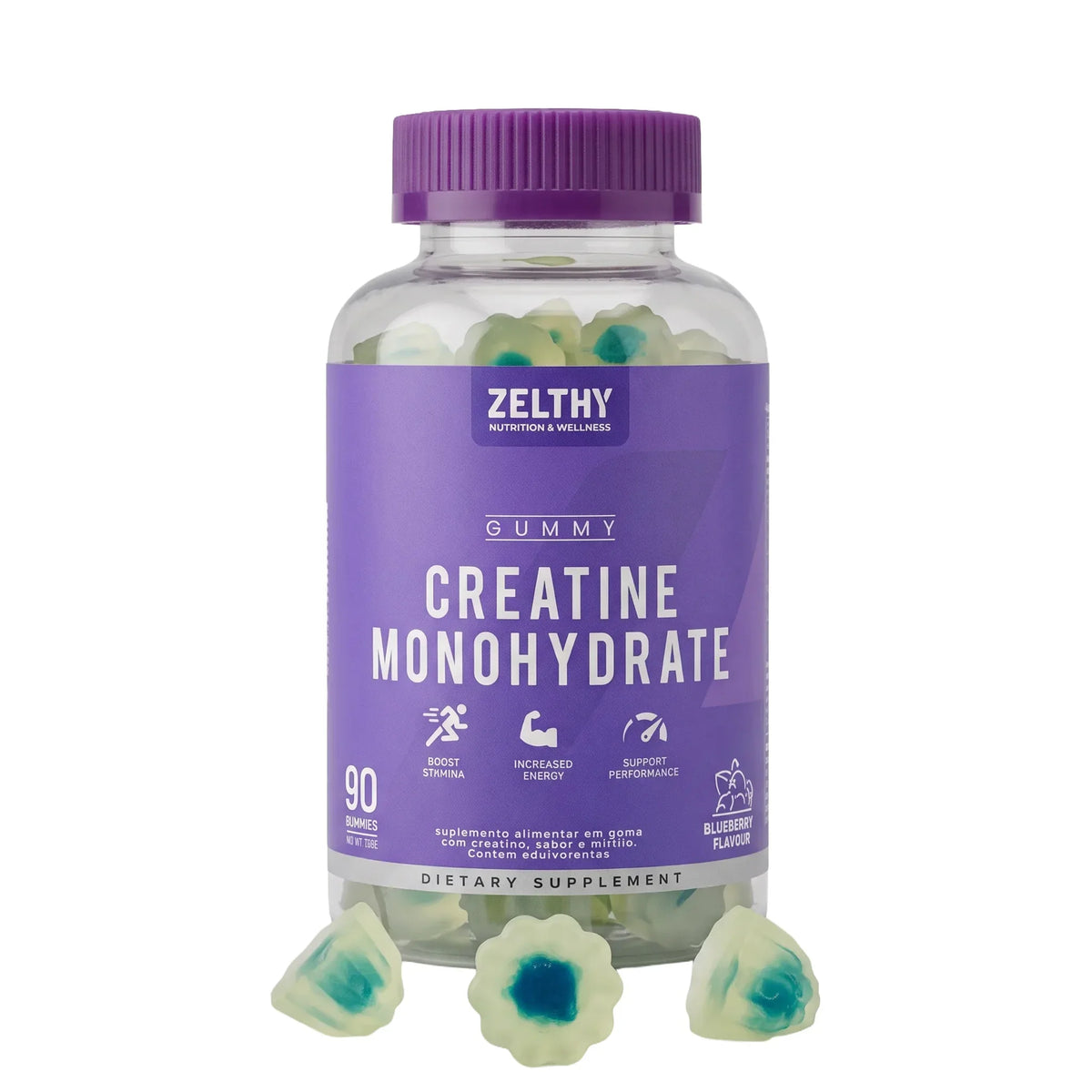 Frasco de gomas de creatina Zelthy sabor mirtilo, 90 gomas