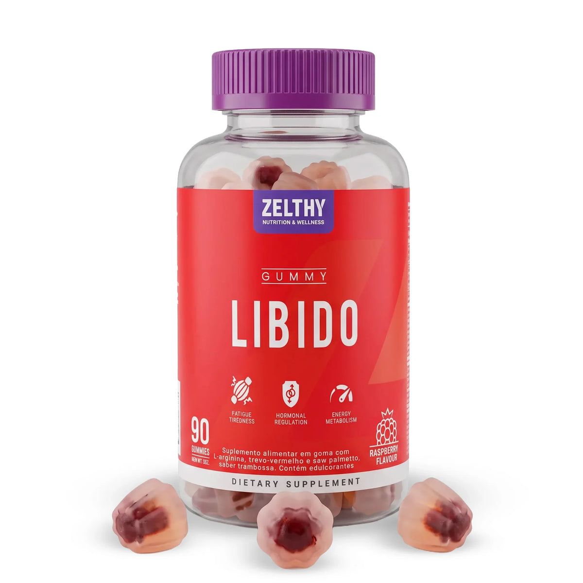 Frasco de gomas Libido Zelthy sabor framboesa, 90 gomas, com gomas ao lado
