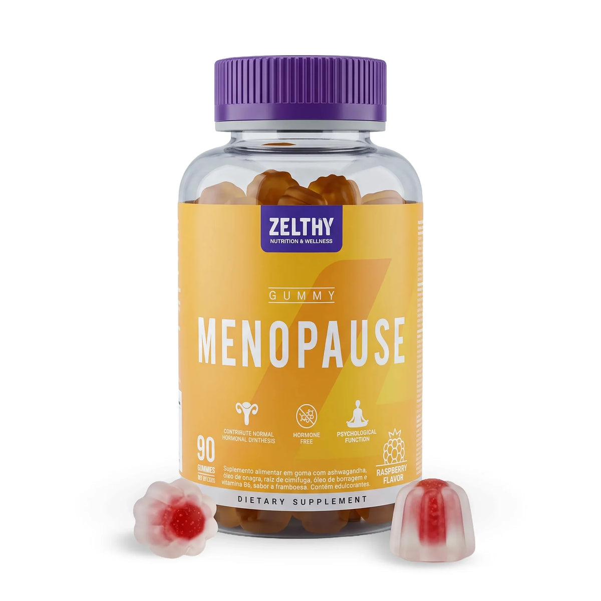 Frasco de gomas Menopausa Zelthy sabor framboesa, 90 gomas, com gomas ao lado