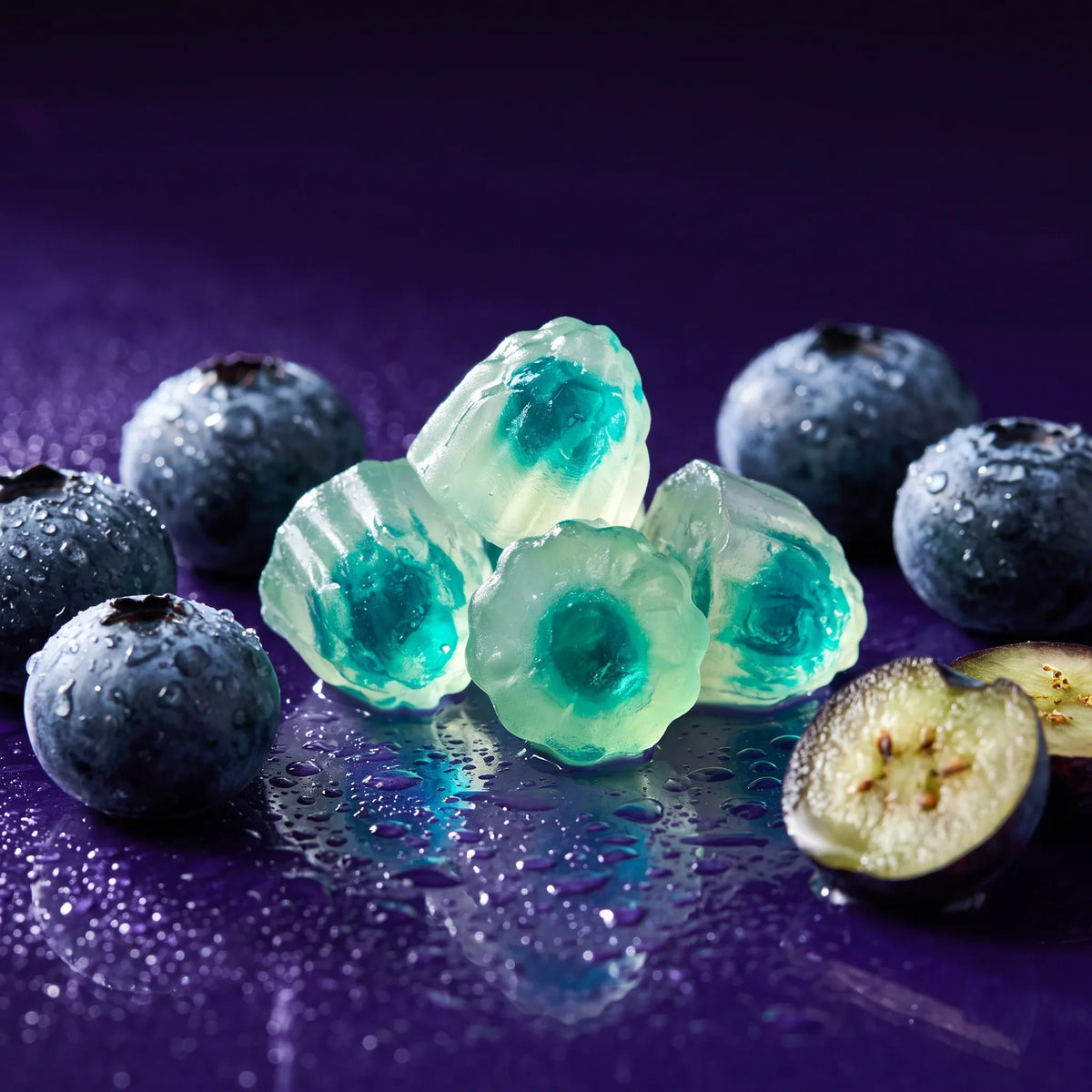 Gomas de creatina Zelthy sabor mirtilo com mirtilos frescos e cortados ao meio