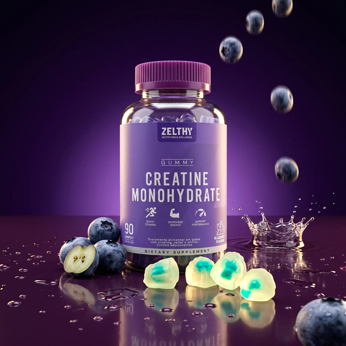 Frasco de gomas de creatina Zelthy rodeado de mirtilos, em fundo roxo