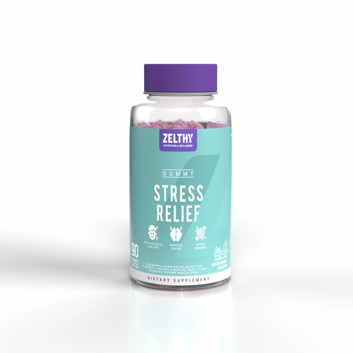 Frente do rótulo das gomas Stress Relief Zelthy