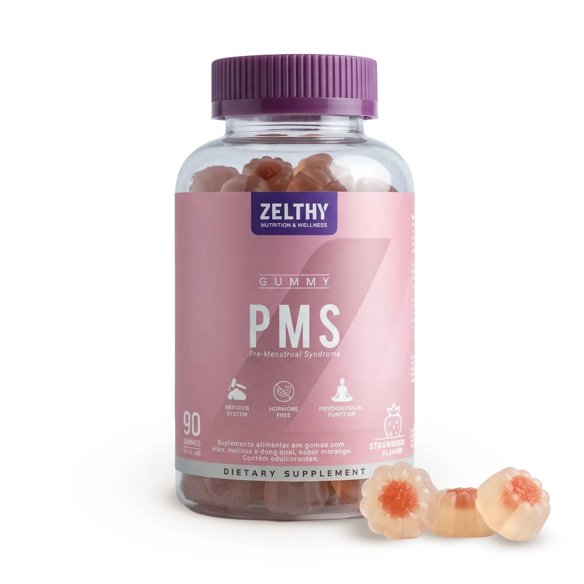 Frasco de gomas PMS Zelthy sabor morango, 90 gomas, com gomas ao lado