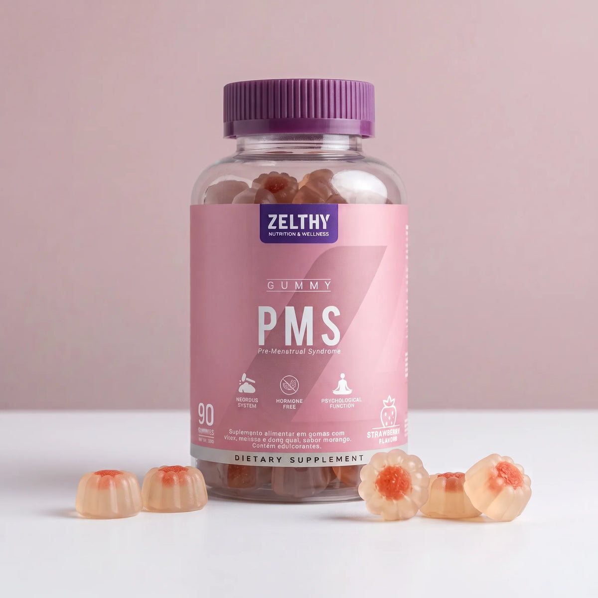 Frasco de gomas PMS Zelthy em fundo rosa, com três gomas ao lado