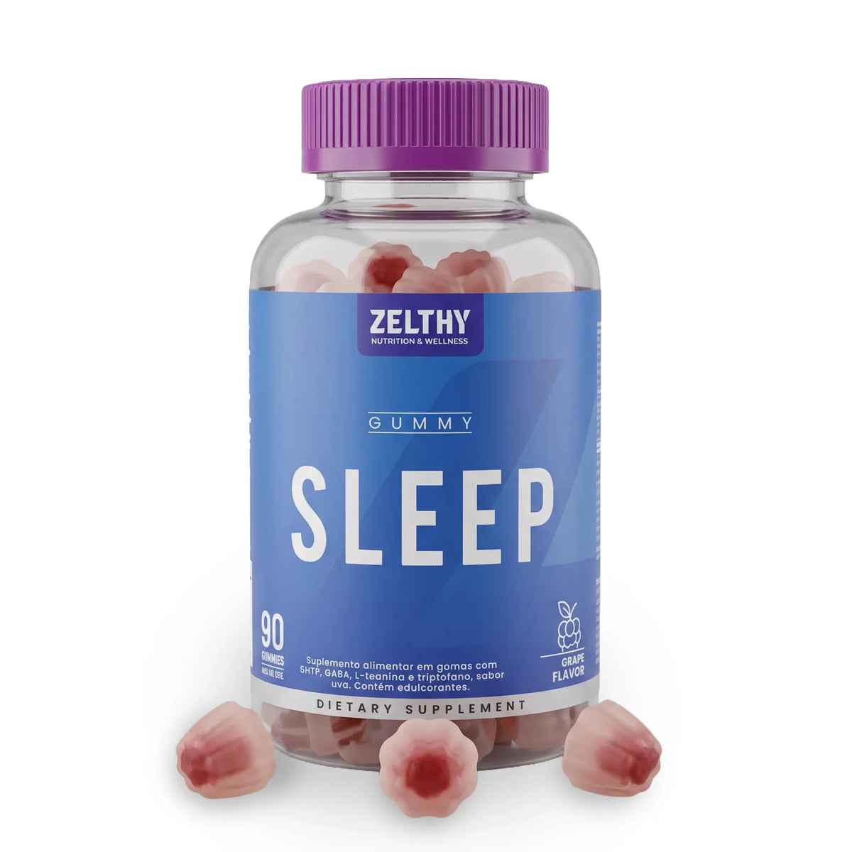 Frasco de gomas Sleep Zelthy sabor uva, 90 gomas, com gomas ao lado