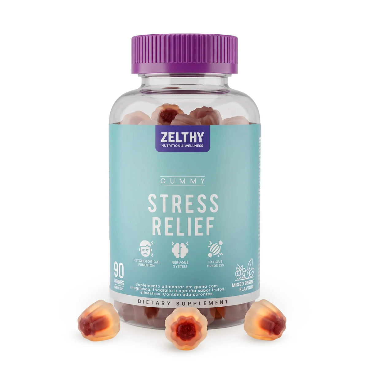 Frasco de gomas Stress Relief Zelthy sabor frutos silvestres, 90 gomas, com gomas ao lado