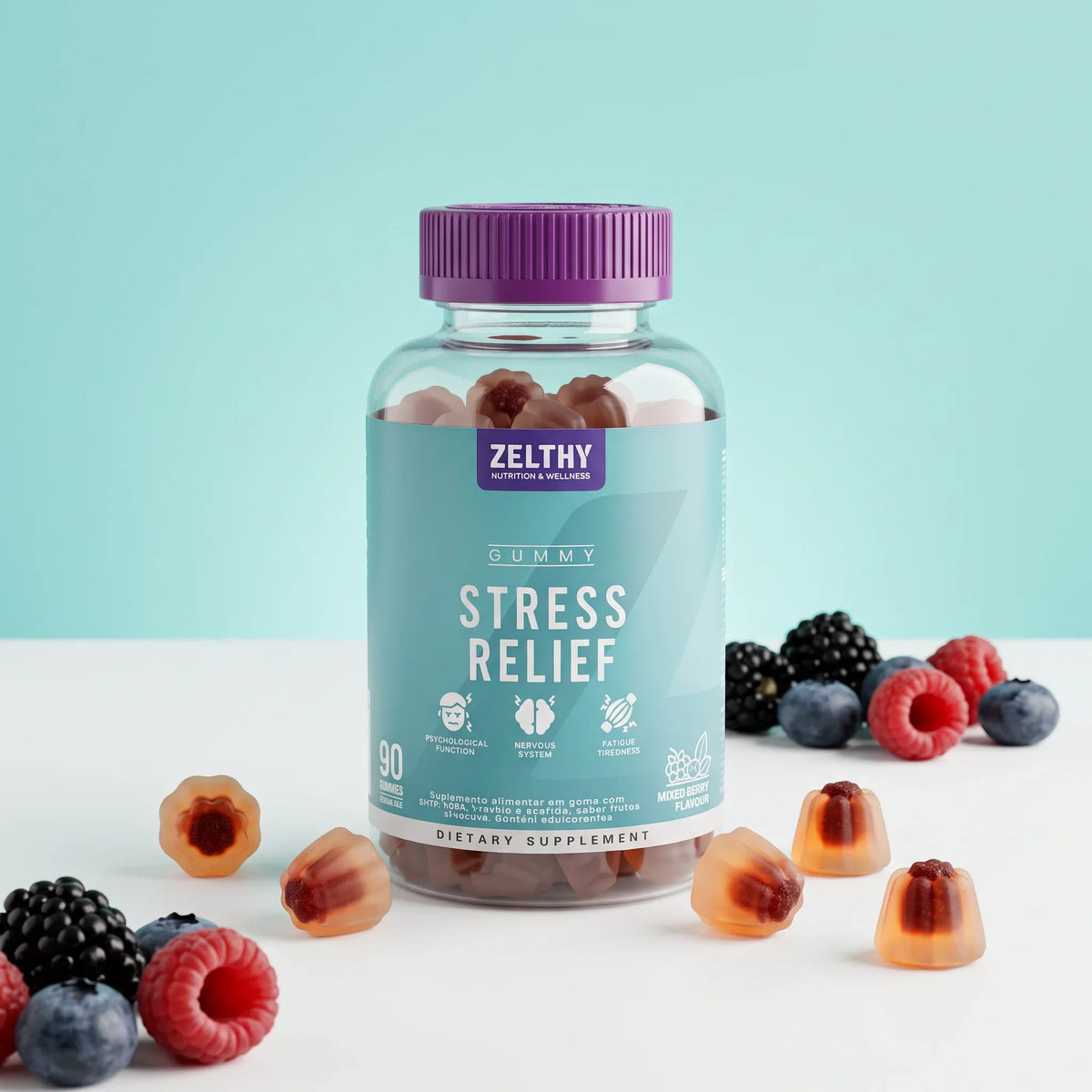 Frasco de gomas Stress Relief Zelthy com gomas, framboesas, mirtilos e amoras frescas